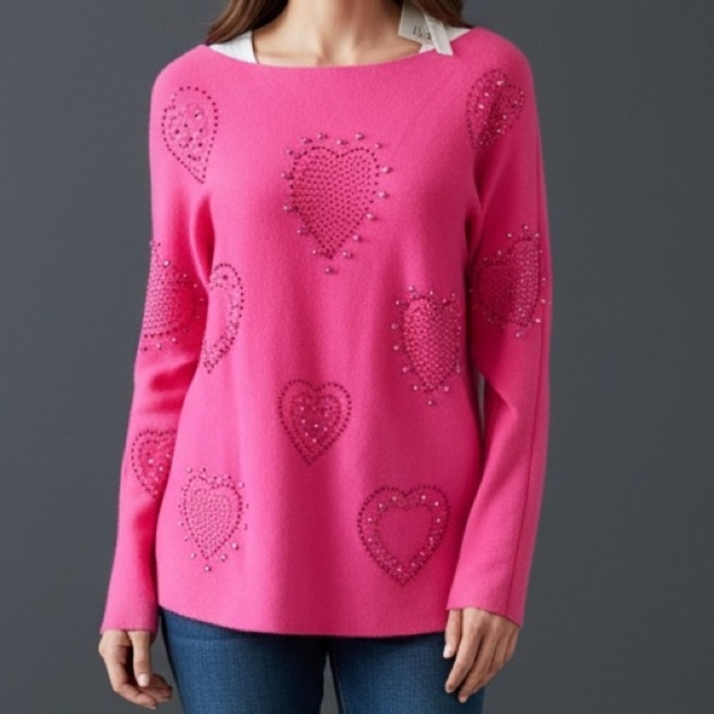 LIV MILANO ladies, neon, pink medium NWT sweater, beaded hearts, long sleeve
